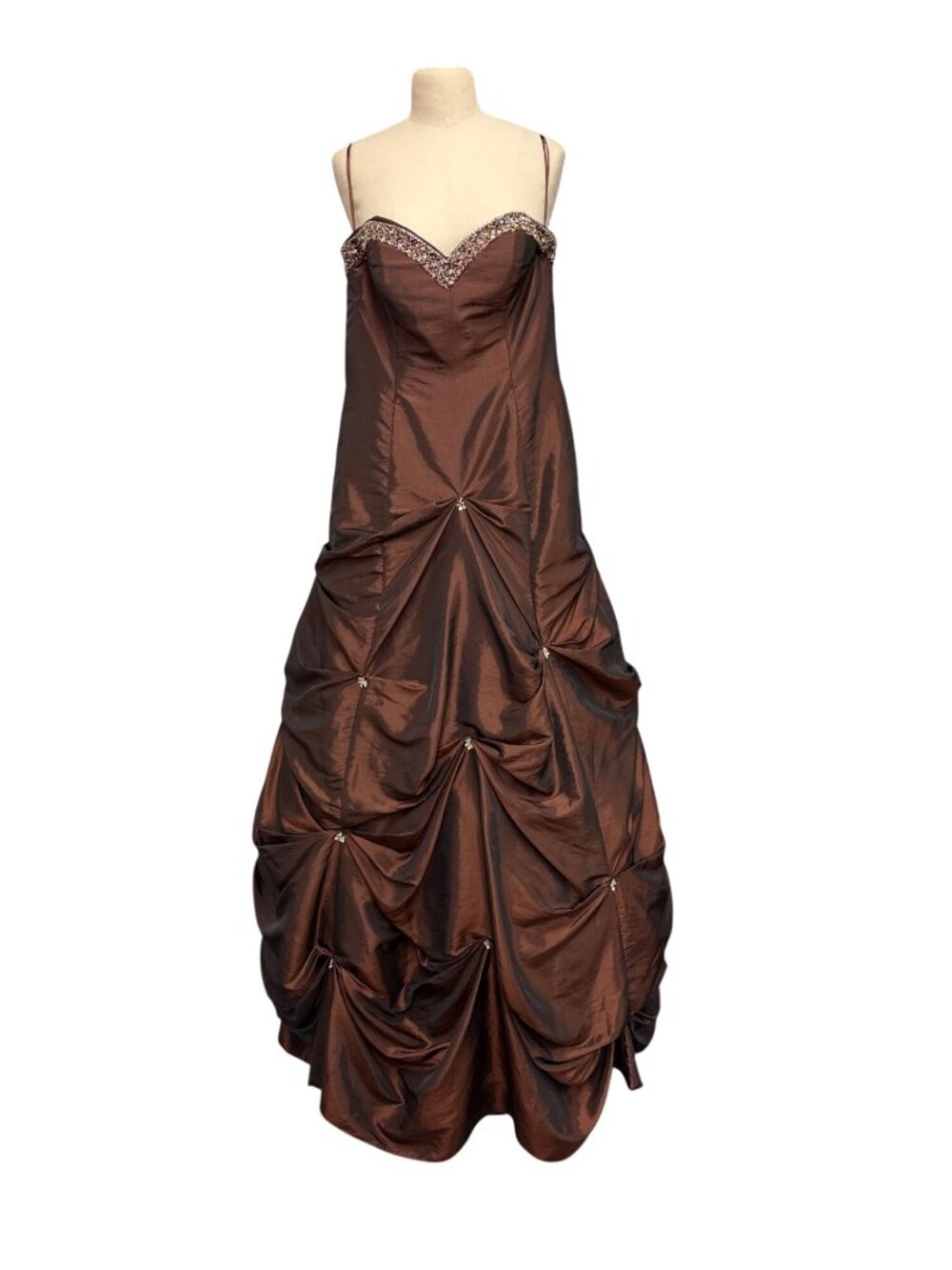 Entice Brown Strapless Beaded Ball Gown With Dramatic Ruching Size 12